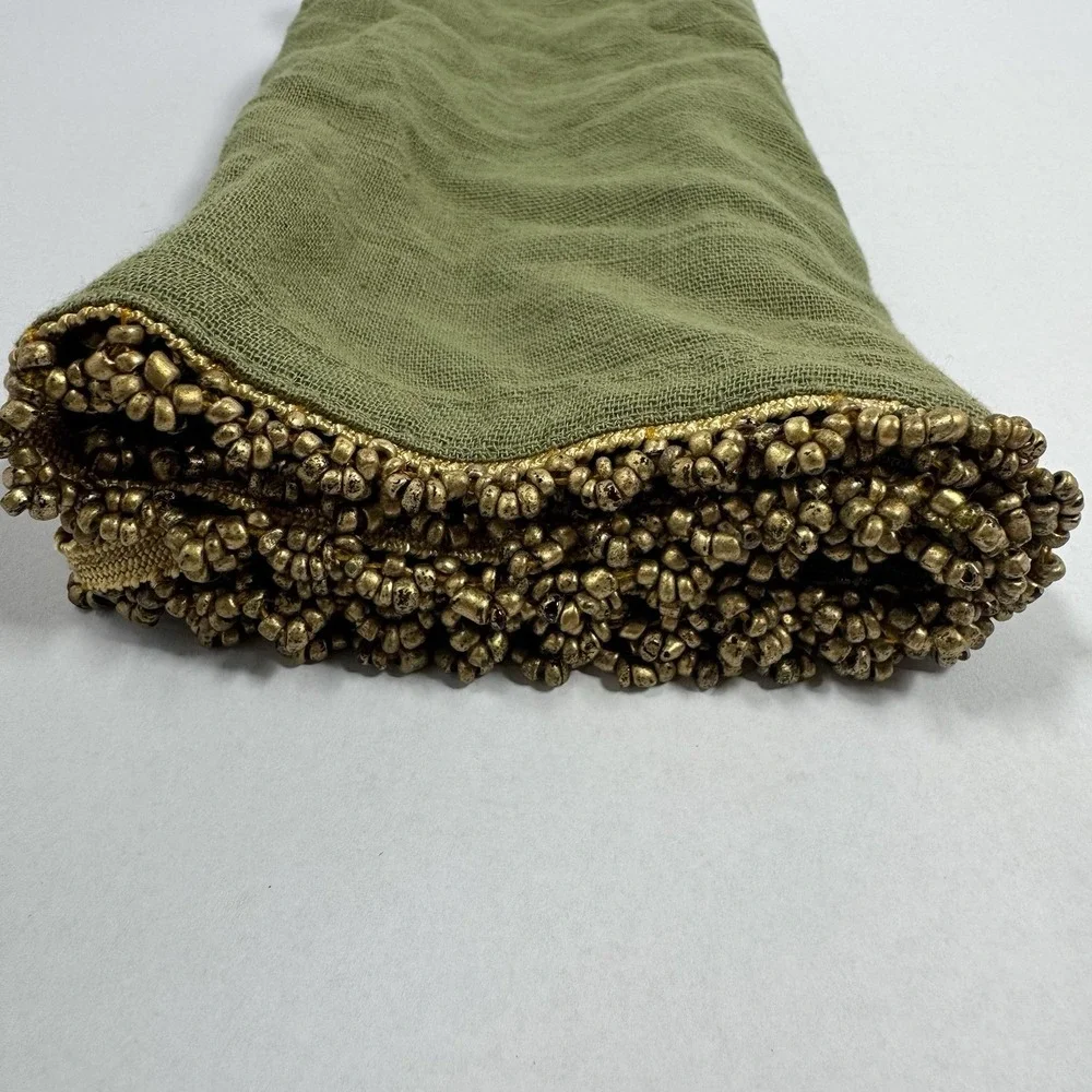 Boho Chic Olive Green Linen Dinner Napkins Antique Gold Glass Seed Bead Trim X5